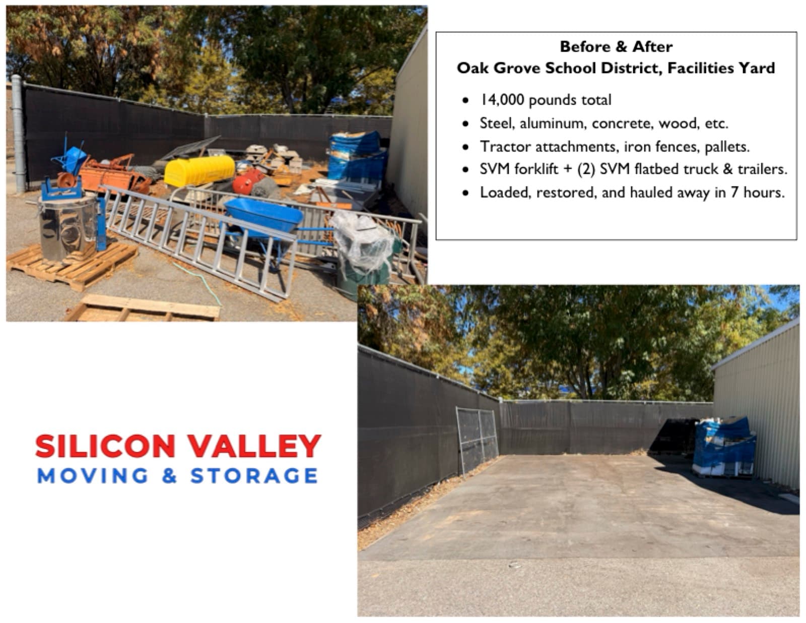Before-and-after photo: Oak Grove School District facilities yard cleanout by Silicon Valley Moving & Storage — 4,000+ pounds of material removed in 7 hours using forklift and flatbed trucks
