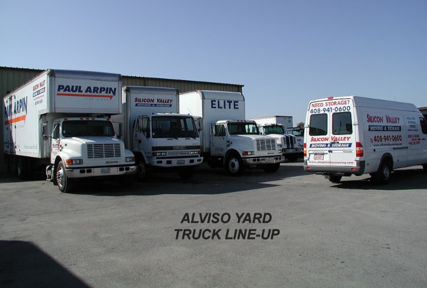 Silicon Valley Moving & Storage truck fleet lined up at the Alviso yard alongside Paul Arpin Van Lines trailers