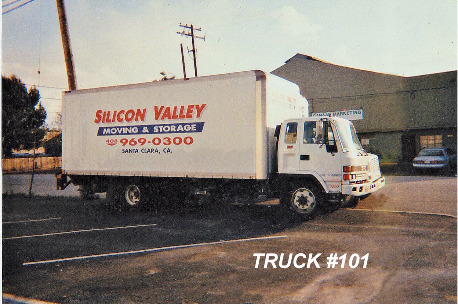Vintage SVM truck on Highway 101 in Santa Clara — heritage of the family business