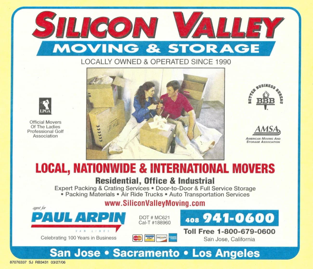 Original Silicon Valley Moving & Storage Yellow Pages display ad from the 1990s, listing 1835 Grant Street, Santa Clara and the original 408-969-0300 phone number
